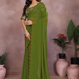 KALINI Women Solid Embroidered Border Saree With Embroidery Work Blouse Piece image 5