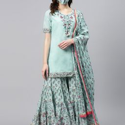 Biba Women Mint Green  Pink Yoke Design Straight Kurti with Sharara Dupatta-picture-30