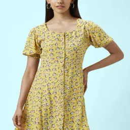 People by Pantaloons Mustard Floral Print A-Line Dress-image-93