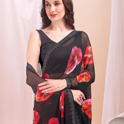 Leelavati Floral Printed Beads and Stones Pure Chiffon Saree image 4