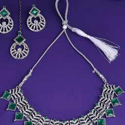 Sukkhi Women Rhodium-Plated American Diamond Studded & Beaded Jewellery Set-image-78