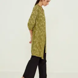 ANCESTRY Olive Printed High Low Kurta image 3