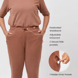 BlissClub Women Brown Everyday Cozy Straight Joggers With 2 Zippered Side Pockets image 5