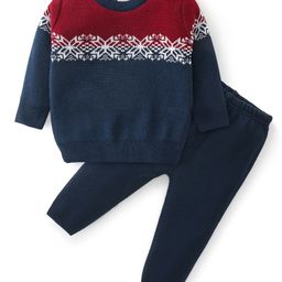 Babyhug Knit Full Sleeves Sweater Set Floral Design - Navy Blue-image-43