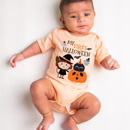 KNITROOT Halloween Theme Half Sleeves My First Halloween Text Printed Onesie - Peach-picture-13
