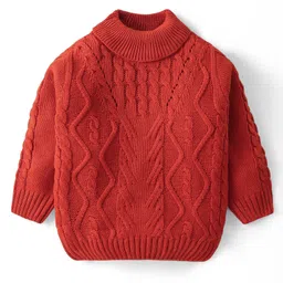 Babyhug Knit Full Sleeves Turtle Neck Sweater With Cable Knit Design - Rust-picture-22