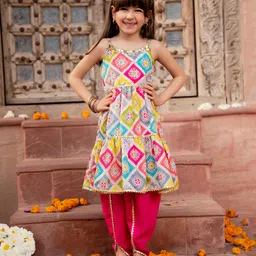 Pspeaches Silk Sleeveless Abstract Printed Gota Lace Embellished Kurta & Dhoti - Multi Colour-picture-12