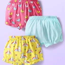 Babyhug 100% Cotton Bloomers With Stripes & Animal Prints Pack Of 3 - Dark Pink Yellow & Light Blue image 1