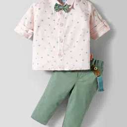 Child World Textile Woven Full Sleeves Shirt & Trouser Set with Tree Print Suspender & Bow - Mint-picture-24