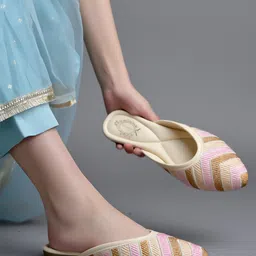 Shoetopia Chevron Embroidered Slip On Mules - Cream image 1