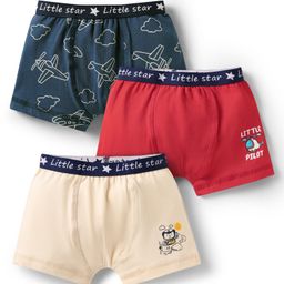 Babyoye 100% Cotton Knit Trunks with With Plane & Little Pilot Text Print Pack Of 3 - Red Navy Blue & Beige-picture-8