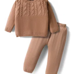 Doodle Poodle Jaquard Knit Full Sleeves Pullover Sweater Set with Cable Knit Design - Tan-picture-14
