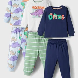 Bonfino 100% Cotton Knit Full Sleeves Night Suits with Dino Print & Stripes Pack of 3 - Multicolor-image-81