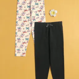 BUMZEE Cotton Knit Full Length Leggings With Butterfly Print & Bow Applique Pack of 2 - Cream & Black-picture-24