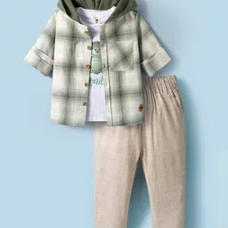 ToffyHouse Cotton Woven Full Sleeves Checkered Hooded Shirt & Trouser Set with Inner Tee - Light Green-picture-15