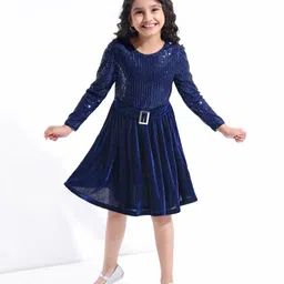 Hola Bonita Knit Full Sleeves Knee Length Dress with Sequins and Velvet - Blue image 2