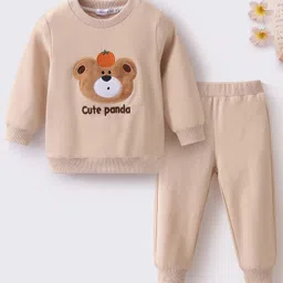 Mark & Mia Cotton Full Sleeves Winter Wear Suit Set with Panda Patch - Khaki image 2
