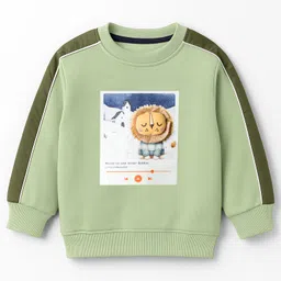 Little Kangaroos Fleece Knit Full Sleeves Winter Wear Sweatshirt & Joggers Set With Animal Applique & Text Print - Light Green image 2