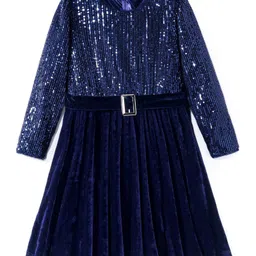 Hola Bonita Knit Full Sleeves Knee Length Dress with Sequins and Velvet - Blue image 3