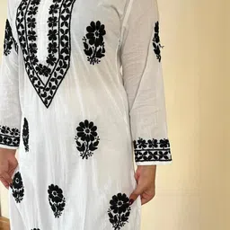 malabis MALABIS.in White Base Mulmul Straight Fit Long Chikankari kurti With Colorful Threadworks image 4