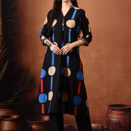 DERAIL Printed V-Neck Regular Pure Cotton Straight Kurta With Trousers image 1