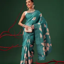 Silk Land Teal Silk Printed Saree image 3