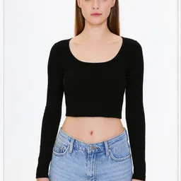 PUERY Women Scoop Neck Long Sleeves Cotton Crop Top-picture-24