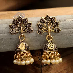 ANIKAS CREATION Gold-Plated & Black Oxidised Peacock Shaped Jhumkas-picture-30