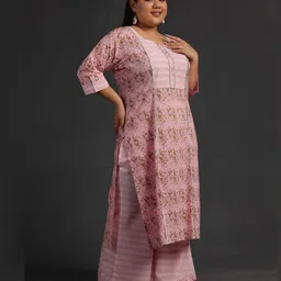 EXTRA LOVE BY LIBAS Floral Printed Round Neck Straight Kurta with Palazzos & With Dupatta image 2