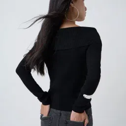 LOV by Westside Black Knit-Textured Off-Shoulder Top image 2