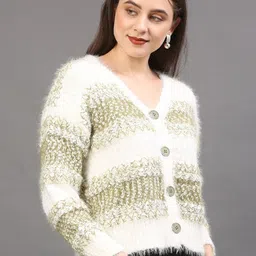 Thansmay Kleider Women Quirky Self Design Woollen Cardigan With Applique Detail-image-1