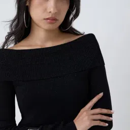 LOV by Westside Black Knit-Textured Off-Shoulder Top image 4