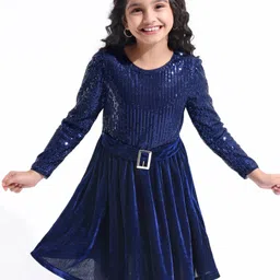 Hola Bonita Knit Full Sleeves Knee Length Dress with Sequins and Velvet - Blue-picture-27