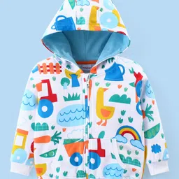 Babyhug Cotton Knit Full Sleeves Hooded Sweatjacket with Animals & Vehicles Print - White-picture-15
