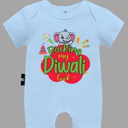 The Peppy Tend Diwali Theme 100% Cotton Half Sleeves Rocking My Diwali Look Text Printed Half Romper - Blue-picture-1