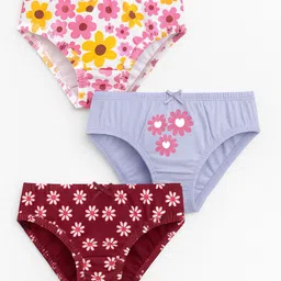Babyoye Cotton Elastane Knit Panties With Floral Print Pack Of 3 - Maroon Lilac & White-picture-27