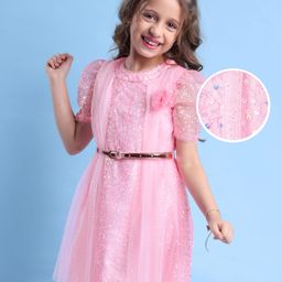 Hola Bonita Knit Half Sleeves Party Dress With Floral Applique & Sequin Detailing - Pink-picture-41