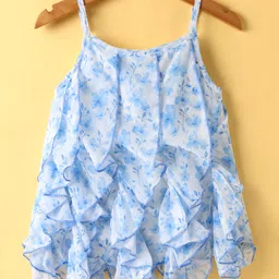 Dew Drops Chiffon Woven SleevelessFlared Frock with Floral Print - Light Blue-picture-19