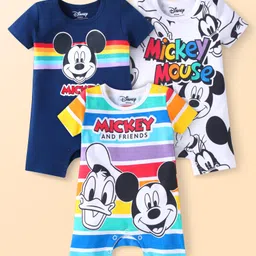 Babyhug Disney Interlock Knit Half Sleeves Rompers with Mickey Mouse & Friends GraphicsPack of 3 - Navy Blue & White-picture-13