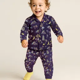 Babyoye Single Jersey Knit Full Sleeves Co-ords Night Suit With Tropical Theme Print - Purple-picture-37