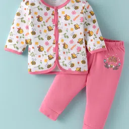 BUMZEE Cotton Knit Full Sleeves Nightsuit with Bee Print - Pink & White-picture-25