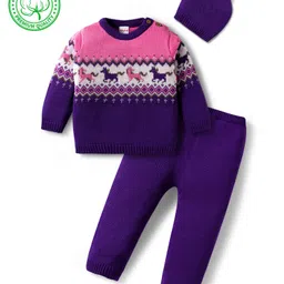 Babyhug Organic Cotton Knitted Full Sleeves Pullover Sweater Set With Horse Design & Cap - Purple & Pink-picture-10