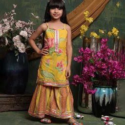 Saka Designs By Sapna Cotton Woven Sleeveless Floral Printed & Gota Lace Embellished Kurti Sharara Set - Yellow image 1