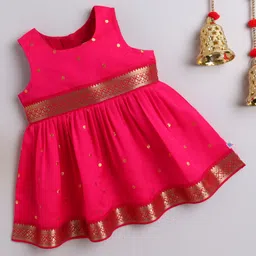 Many frocks & Blended Woven Sleeveless Abstract Foil Printed Gota Lace Embellished Dress - Pink-picture-11