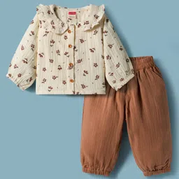 twetoons Tweetoons Woven Full Sleeves Top & Lounge Pant Set With Floral Print - Brown-picture-27
