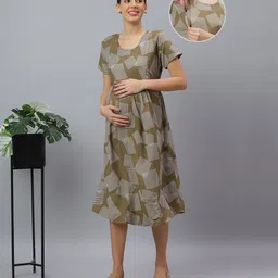 Mamma's Maternity Cotton Woven Half Sleeves Abstract Printed Maternity Night Dress With Nursing Access - Brown-picture-23