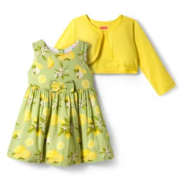 Babyhug Cotton Woven Floral Printed Frock with Three Fourth Sleeves Jacket - Yellow-picture-21