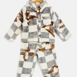 JWAAQ Cotton Knit Full Sleeves Checked & Fur Detailed Coordinating Hooded Sweater With Joggers Set - Grey-picture-21
