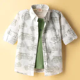 Rikidoos Full Sleeves Car Printed Shirt With Attached Tee - White & Green-picture-17