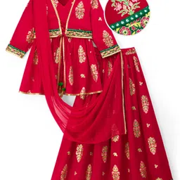 EARTHY TOUCH Woven Three Fourth Sleeves Floral Glitter Printed Choli Lehenga Set with Dupatta & Lace Detailing - Red-picture-28